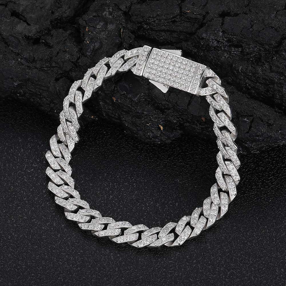 8MM Sterling Silver Baguette Cuban Chain - 18K Gold Plated - VVS1 Moissanite Bracelet